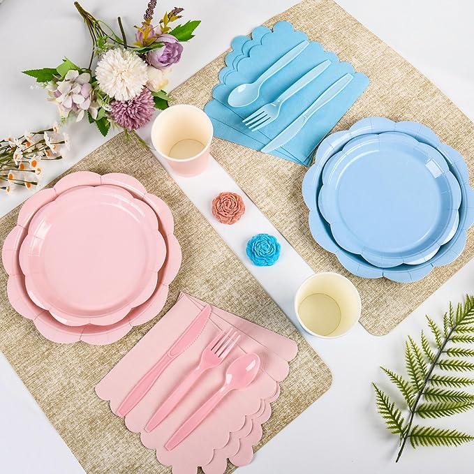 400 Pcs Baby Gender Reveal Plates and Napkins Set Party Supplies, Tableware set for 50 Guest include Pink and Blue Scalloped Plates Napkins Knives Forks Spoons Cups for Baby Shower Gender Reveal Party