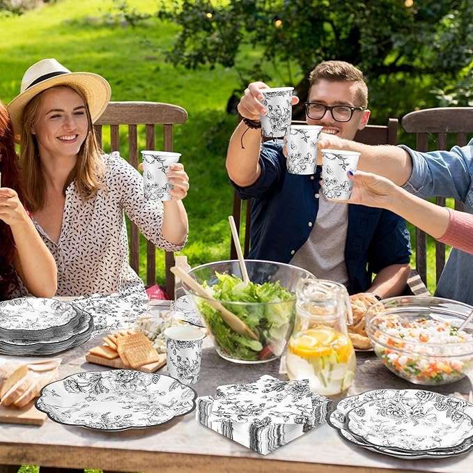 Kochorie 144 Pieces Black Floral Paper Plates and Napkins Party Supplies, Black and White Flower Tableware Set Include Vintage Scalloped Plates Napkins Cups Forks for Wedding Birthday Tea Party