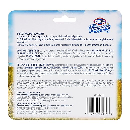 Clorox Fraganzia Small Room Air Freshener in Fresh Ocean Breeze, 2ct | Peel & Place Air Freshener, No-Plug, Battery-Free for Closets, Laundry Room, Entry Way, Bathroom, Locker, 2 Units