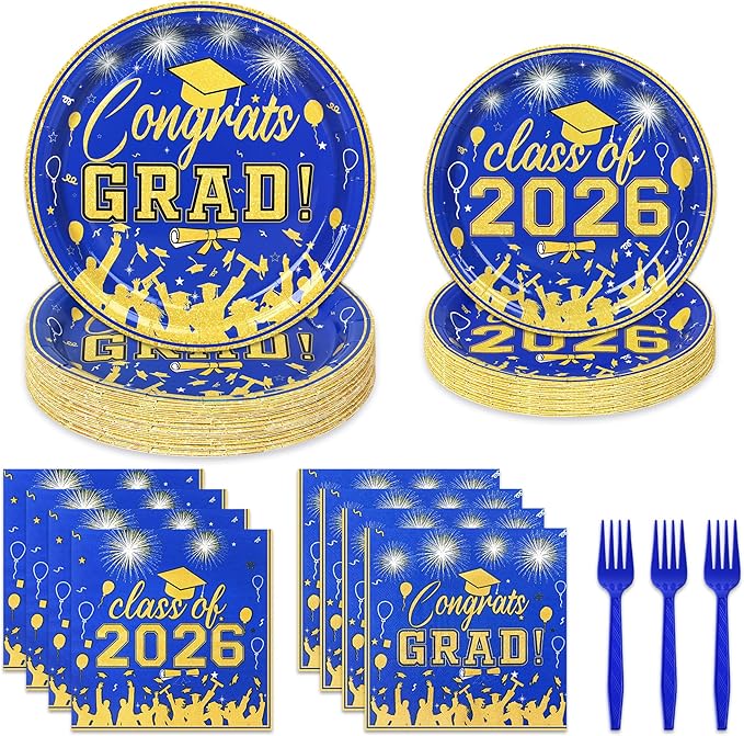 100 Pcs Graduation Plates and Napkins, 2026 Blue Gold Graduation Disposable Plates and Napkins Party Supplies Set Serves 25, Blue Gold Disposable Dinnerware Set for 2026 Decorations Grad Party