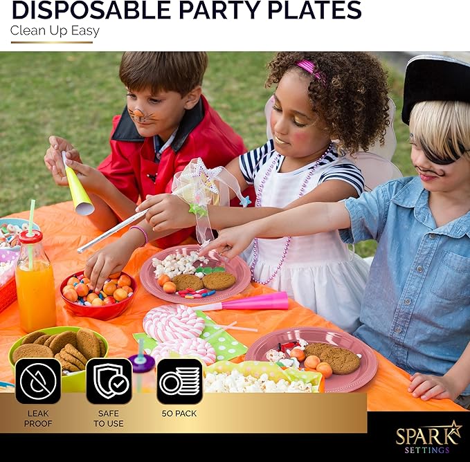 Amcrate Disposable Plastic Plates Pink, 10.4 Inches Plastic Dinner Plates, Strong and Sturdy Disposable Plates for Party, Dinner, Holiday, Picnic, or Travel Party Plates, Pack of 50