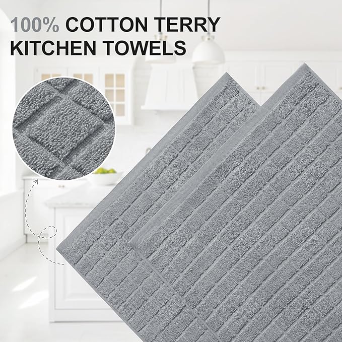 Homaxy Premium Cotton Kitchen Towels 16"x 28", Large Natural Ring Spun 390 GSM Dish Towels, Super Absorbent Terry Kitchen Hand Towels, Soft Tea Towels with Hanging Loop, Pure Grey Check Design, 4 Pack