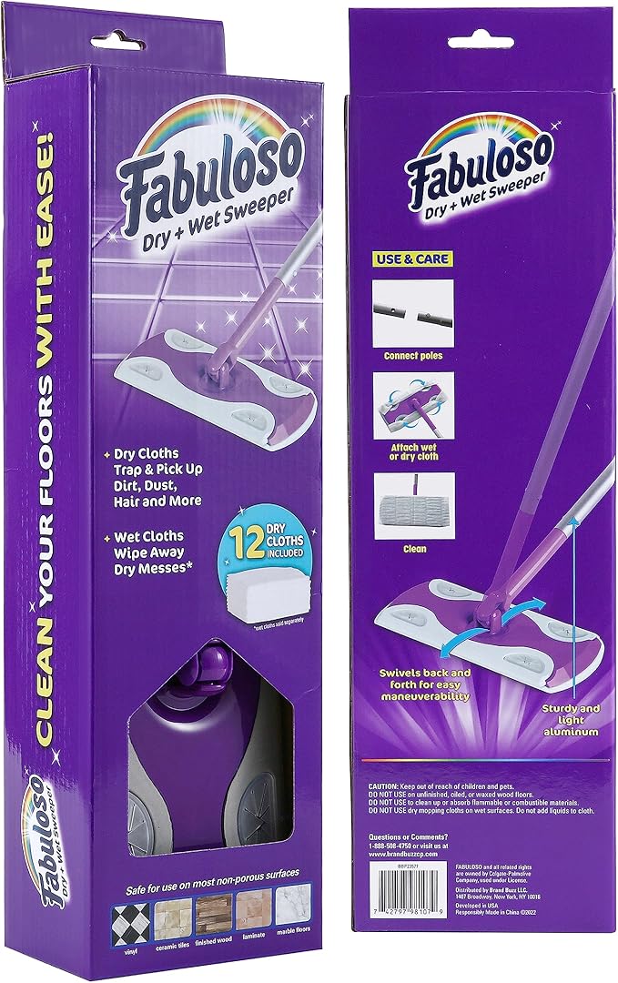 Fabuloso Dry and Wet Sweeper, 2-in-1 Floor Dust Mop for Dry Sweeping and Light Wet Mopping, Lightweight Aluminum Handle, Swivel Low-Profile Head, Bonus 12 Dry Pads Included