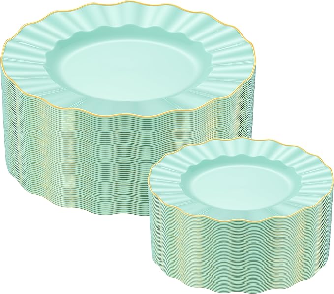 60Pcs Sage Green Plastic Plates, Ware Sage Green Disposable Plates with Gold Rim, Fancy Plastic Plate Include 30 Dinner & Dessert Plate for Easter Spring Wedding