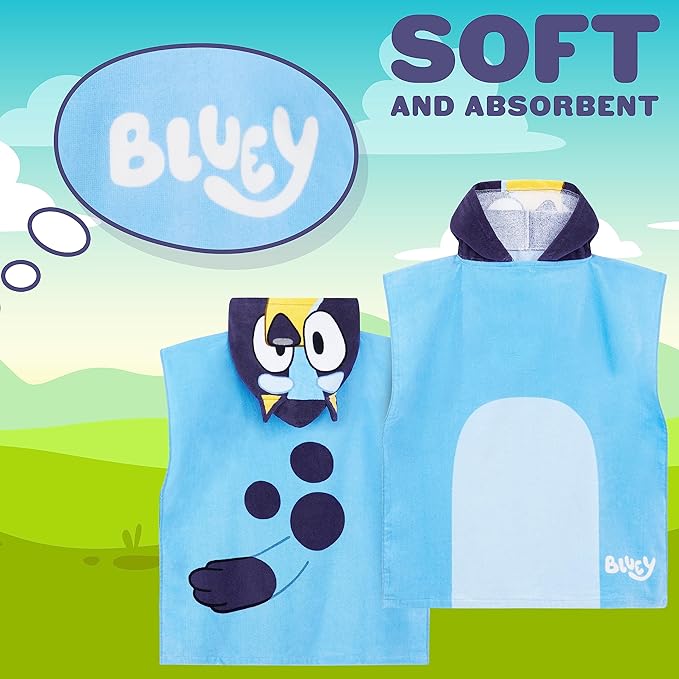 Bluey Kids Changing Robe, Hooded Towel Poncho for Boys Girls, Soft Absorbent Cotton Wearable Towel for Swim Surf Bath Beach Cover Up, Gifts for Kids (Blue/Navy)