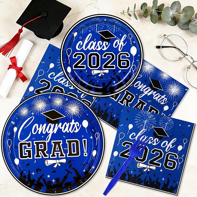 100 Pcs Graduation Plates and Napkins, 2026 Blue Graduation Disposable Plates and Napkins Party Supplies Set Serves 25, Blue Disposable Dinnerware Set for 2026 Decorations Grad Party