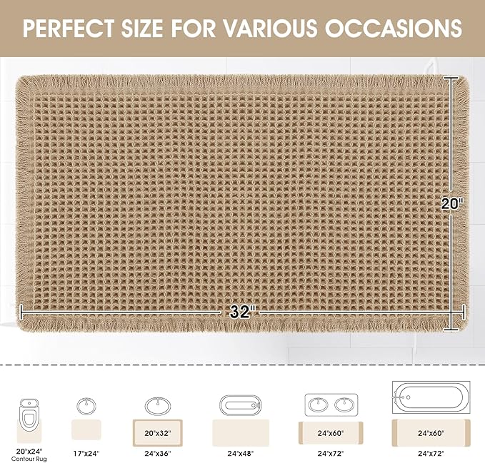ACCUMTEK Upgraded Waffle Bath Mat, 32"x20" Beige, Super Absorbent Non-Slip Quick Dry Bathroom Rugs with Tassels, Machine Washable Ultra Soft Boho Bath Rugs for Floor, Toilet Mats Boho Farmhouse Decor