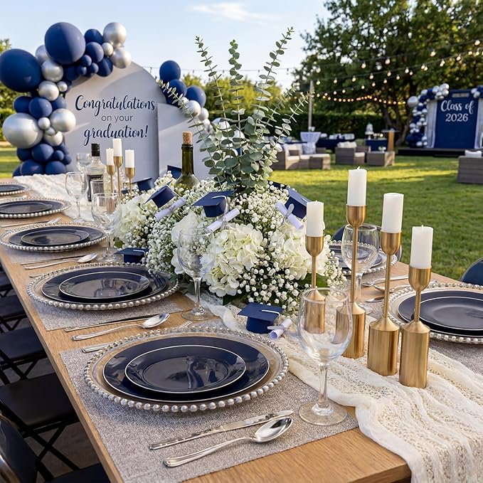 KIRE 200PCS Blue Plastic Plates with Silver Rim - Navy Blue Plastic Plates Include 100 Dinner & Dessert Plate - Heavy Duty Dark Blue Disposable Plate for Graduation/Parties/Memorial Day/Father's Day