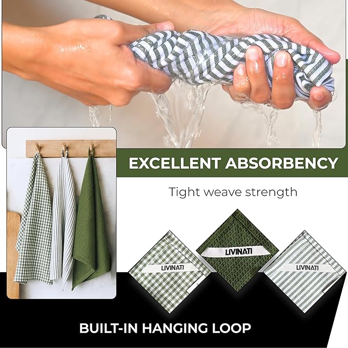 Cotton Dish Towels For Kitchen Drying - Highly Absorbent Sage Green Striped Gingham Plaid Tea Towels - 18"X28" Set Of 6 Farmhouse Linen Dishtowels In Bulk - Pano De Prato Para Cozinha - T Towles Towls