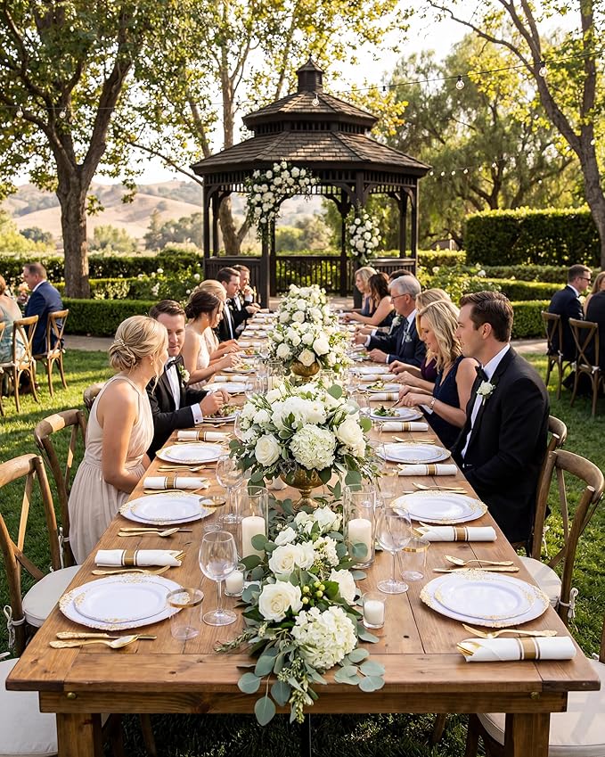 Nervure 350PCS Gold Plastic Plates - Gold Plastic Dinnerware Sets for 50 Guests - 100 Disposable Plates, 150 Silverware, 50 Cups, 50 Napkins for Wedding & Party