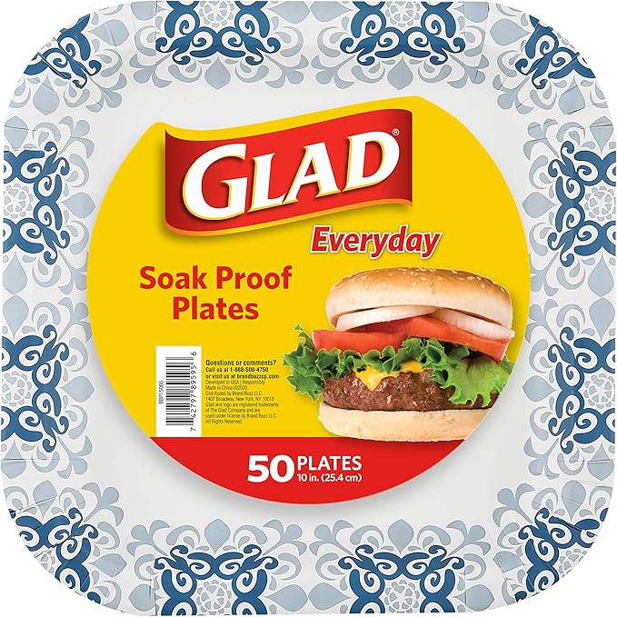 Glad Square Heavy Duty Paper Plates, Soak Proof and Cut Proof Disposable Plates for Parties and Everyday Meals, Microwaveable for Easy Serving, Blue Victorian Pattern, 10 Inch, 50 Count