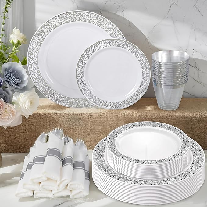 WELLIFE 175Pcs Silver Dinnerware Sets, Include:25 Dinner Plates, 25 Dessert Plates, 25 Paper Napkins, 25 Cups, 75 Silver Silverware Set for Party and Weddings