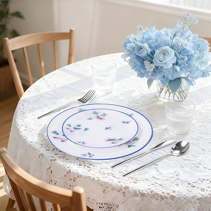 30Pcs White Plastic Plates - Butterfly Plates Disposable Heavy Duty, Fancy Floral Pattern Perfect for Weddings, Tea Parties, Holidays - 10.25" Dinner & 7.5" Dessert Plastic Plate