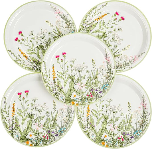 AimFun Wildflower Party Plates 9" Floral Paper Plates Botanical Green Leaves Herbs Disposable Party Supplies Spring Summer Vintage Garden Decorative Dinner Plates (48, Vintage Botanical)
