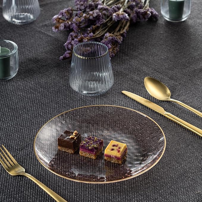 PLASTICPRO 30 Pack Hammered Plastic Plates Heavyweight Disposable Plastic Plates Elegant Rose Color with Gold Rim Platsic Party Dishes (Hammered Rose With Gold Rim, 9'' INCH PLATES)