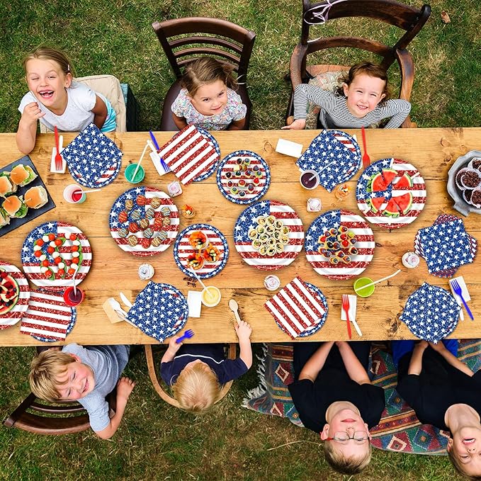 100 Pieces Patriotic 4th of July Tableware Set – American Flag Disposable Plates, Napkins and Forks, Glitter Stars and Stripes Party Supplies for Independence Day and Memorial Day Decorations