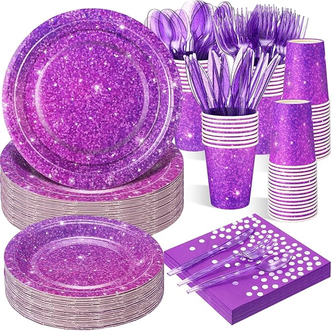 Hushee 350 Pcs Purple Holographic Print Party Supplies Guests Disposable Dinnerware Set Include Paper Plates, Napkins, Cups, Plastic Cutlery for Wedding Birthday Disco Bachelorette