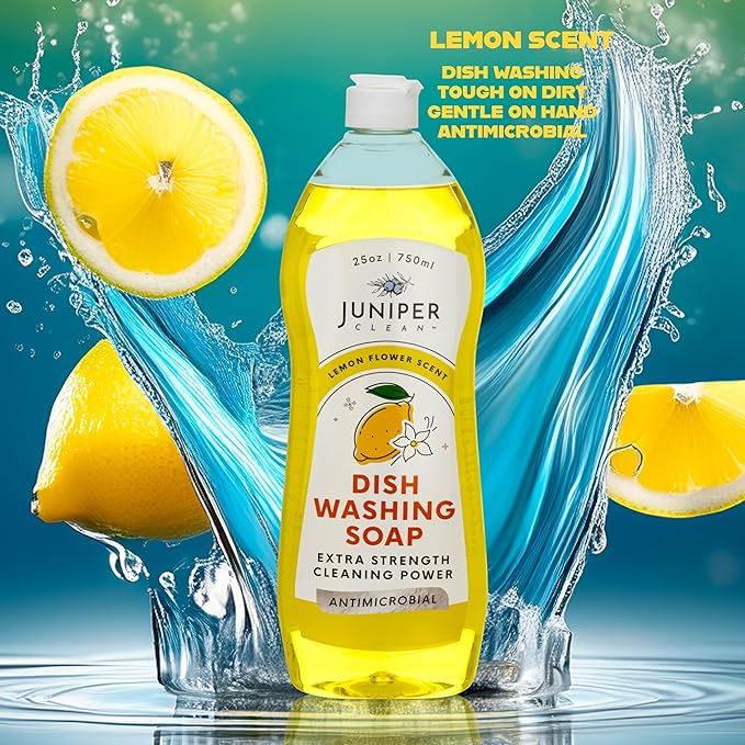 Juniper CLEAN, Dish Soap, Lemon Scent, Liquid Dish Washing Soap Squeeze Bottle 25 Fl Oz (Pack of 6)