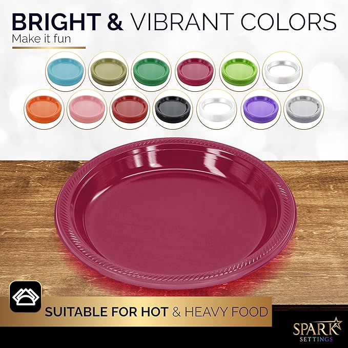 Amcrate Burgundy Plastic Dinner Plates, 10.4 Inches, Strong & Sturdy for Parties, Dinners, Holidays, Picnics, Travel - Pack of 50