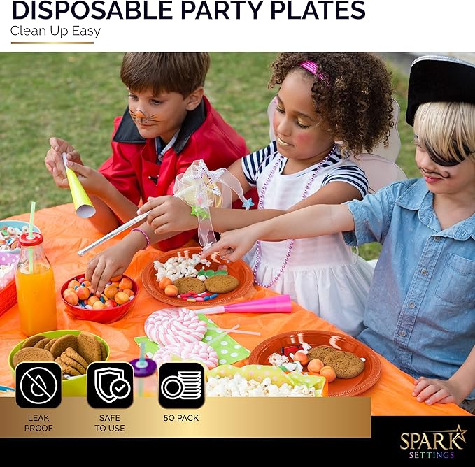 Amcrate Disposable Plastic Plates Orange, 10.4 Inches Plastic Dinner Plates, Strong and Sturdy Disposable Plates for Party, Dinner, Holiday, Picnic, or Travel Party Plates, Pack of 50