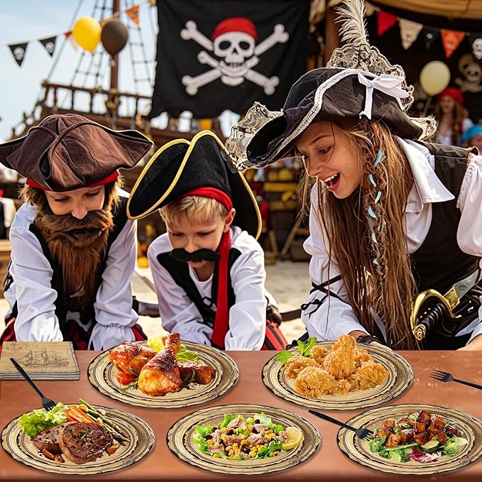 100 Pcs Pirate Party Supplies for 25 Guests, Heavy-Duty 7" & 9" Paper Plates, 2-Ply 13" Napkins & Plastic Forks, Disposable Tableware Set for Treasure Map Theme Party