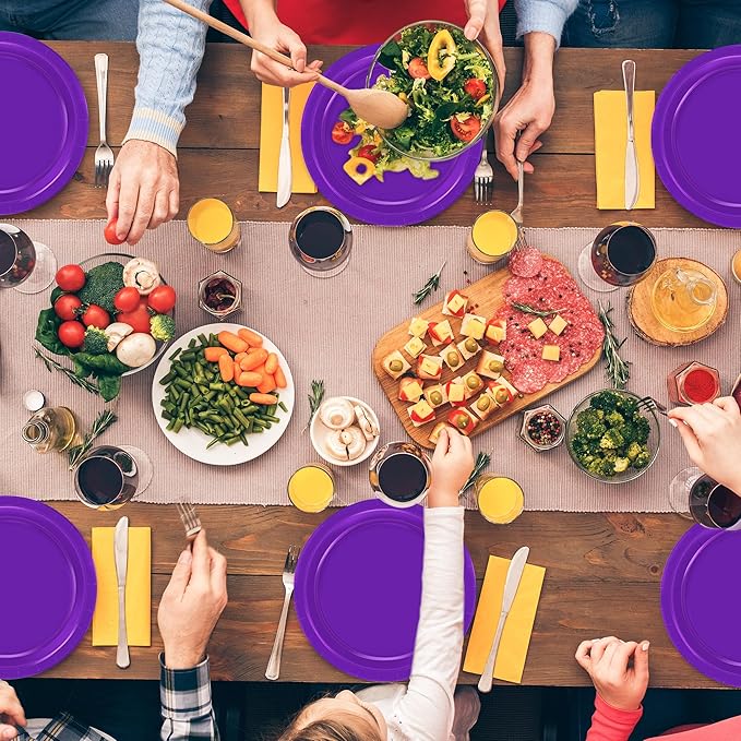 Disposable Paper Plates Set, 50 PCS Purple Dinner Paper Plates, Round 9 Inches Party Plates Pack for Daily Meal Picnic Anniversary Mardi Gras Carnival Festival Gathering Party Supplies