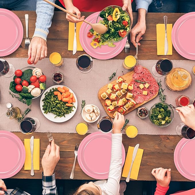 QZYL 50 PCS Pink Paper Plates, Round Disposable Paper Plates, 9 Inches Dinnerware for Everyday Use, Heavy Duty TablewarePack for Birthday Wedding Bridal Shower Christmas Party