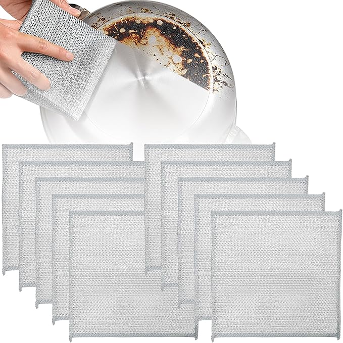 10PCS Steel Wool Dish Cloth 2-Layer – Reusable Metal Non-Scratch Multipurpose Dishwashing Rags for Wet & Dry Cleaning, Durable Diamond Weave Scrubber Pads for Kitchen Sinks Pots Pans Stove Top