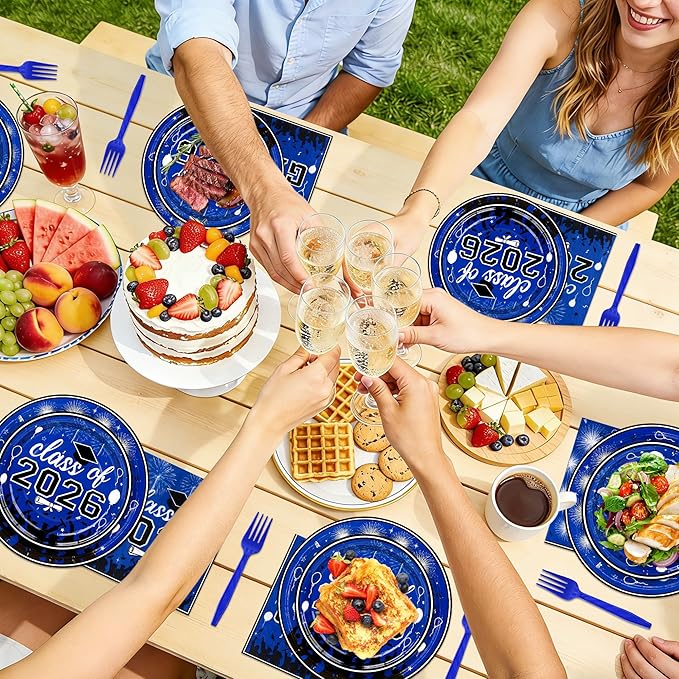 100 Pcs Graduation Plates and Napkins, 2026 Blue Graduation Disposable Plates and Napkins Party Supplies Set Serves 25, Blue Disposable Dinnerware Set for 2026 Decorations Grad Party