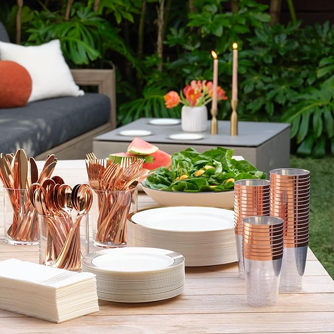 By Madee HEAVYWEIGHT Rose Gold Plates and Napkins Party Supplies | Rose Gold Disposable Dinnerware Set with Heavy Duty Plates, Cutlery & Napkins for 25 Guests