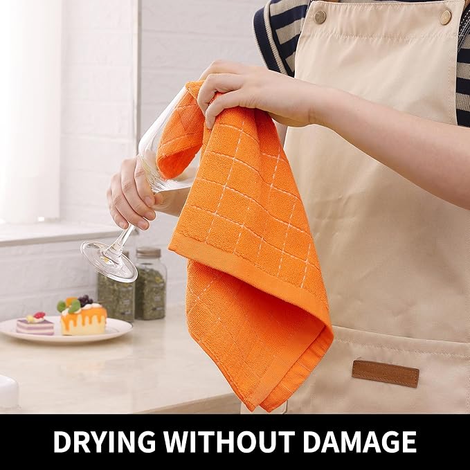 Homaxy 100% Cotton Terry Kitchen Towels(Orange, 13 x 28 inches), Checkered Designed, Soft and Super Absorbent Dish Towels, 8 Pack