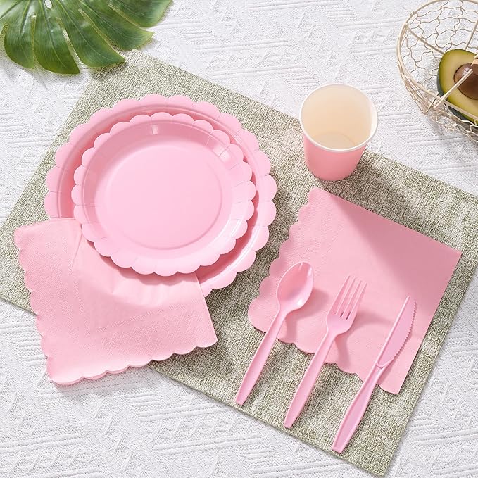 Fijinhom Pink Paper Plates Set, 175 PCS Party Supplies, Disposable Dinnerware Set for 25 Guests, Pink Paper Plates Napkins Cups Plastic Forks Knives Spoons for Christmas