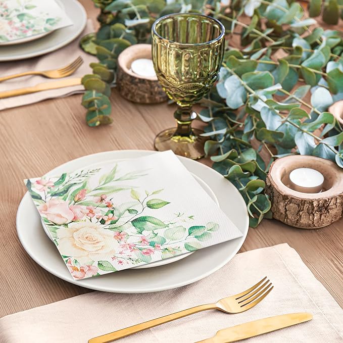 PAW - 50 Pieces Linen-Feel Paper Paper Napkins 16" x 16", Disposable Cloth-Like Napkins with Floral Design, Dinner Napkins for Party, Wedding, Barbecue, Picnic