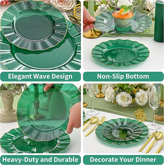 60pcs Green Plastic Plates with Gold Rim, Clear and Gold Plate, Green Diposable Plates Include 30 Dinner & 30 Dessert Plate for Party Wedding