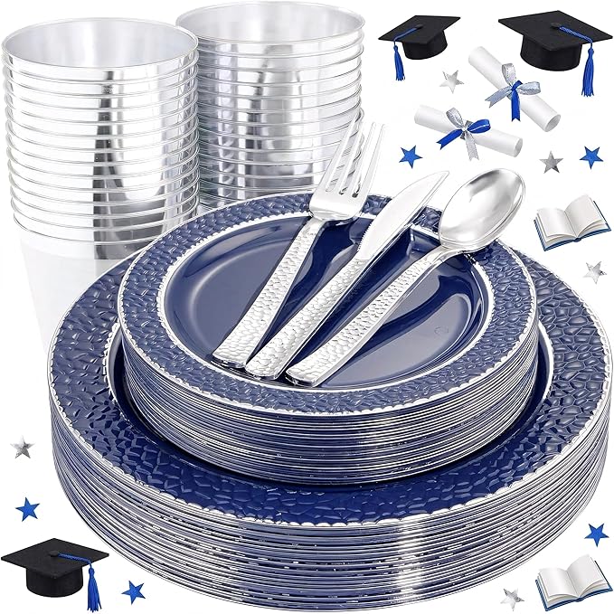 Ciaell 150 PCS Blue and Silver Plastic Plates - Blue Disposable Plate include 50 Plates, 25 Knives, 25 Forks, 25 Spoons, 25 Cups for Weddings & Party
