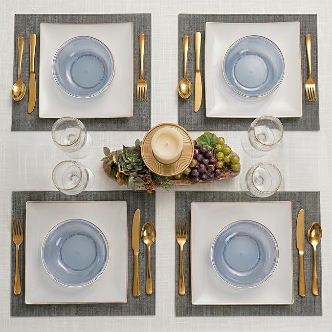 PLASTICPRO Plastic Party Plates Edge Collection Premium heavyweight Elegant Disposable Tableware Dishes (TRANSLUCENT BLUE WITH GOLD RIM, 16 OZ BOWLS)