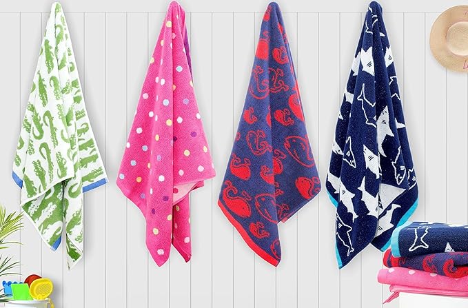 ORIGINAL KIDS 6 Piece Towel Set - Bath Time Sugar & Spice - 2 Towels, 2 Hand Towels, 2 Washcloths - 100% Cotton Jacquard Soft Absorbent Pool Beach Towel Gift - Pink Multicolor