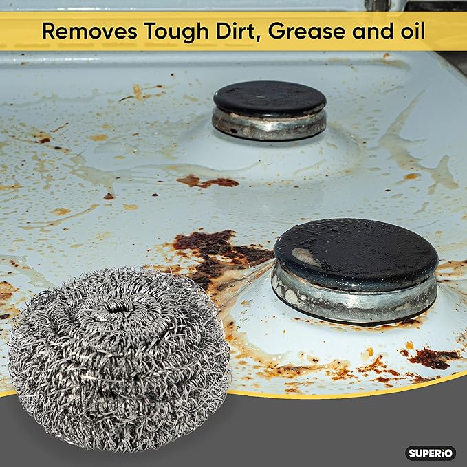Superio Stainless Steel Scourers Steel Wool Scrubber Pad Used for Dishes, Pots, Pans, Grill, Stoves, and Ovens, Easy scouring for Tough Kitchen Cleaning (12)