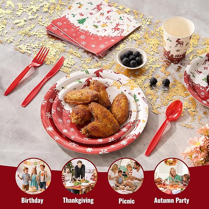 Fijinhom Christmas Paper Plates Set, 350 PCS Elk, Candy cane and Gifts Party Supplies, Disposable Dinnerware Set for 50 Guests, Paper Plates Napkins Cups for Christmas Eve