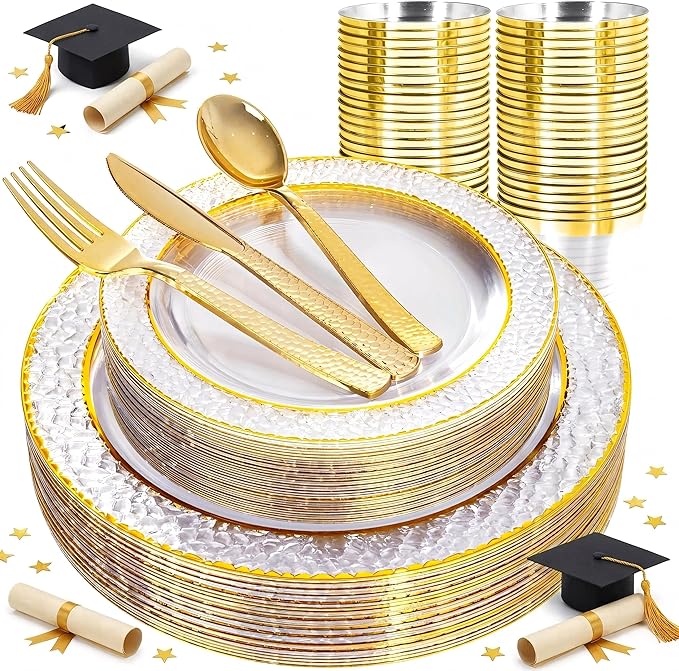 Ciaell 150PCS Clear Gold Plastic Plates - Disposable Gold Rim Plates include 25Dinner Plate, 25Dessert Plate, 25Forks, 25Knives, 25Spoons, 25Cups for Wedding & Party