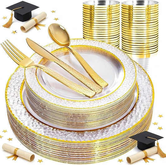 Ciaell 150PCS Clear Gold Plastic Plates - Disposable Gold Rim Plates include 25Dinner Plate, 25Dessert Plate, 25Forks, 25Knives, 25Spoons, 25Cups for Wedding & Party