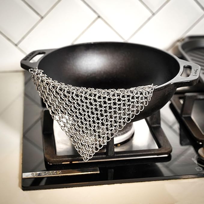 Chainmail Scrubber Cleaner 7.8" x 7.8" Premium 316L Stainless Steel Scrubber for Cast iron Pots,Pan, BBQ Grill, Wok and All Kitchenware Items - Stainless Steel