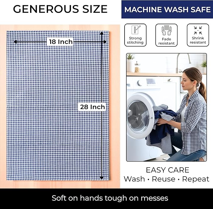 Cotton Dish Towels For Kitchen Drying - Highly Absorbent Navy Blue Striped Gingham Plaid Tea Towels - 18"X28" Set Of 6 Farmhouse Linen Dishtowels In Bulk - Pano De Prato Para Cozinha - T Towles Towls