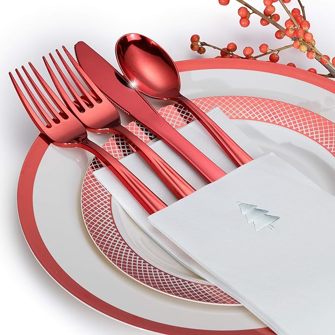 By Madee HEAVYWEIGHT 175 Pc Ivory with Red Trim Plastic Disposable Dinnerware Set with Silverware & Linen-Like Premium Napkins (25 Guests)