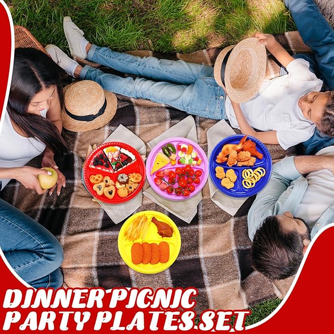 Teenyyou 50 Pcs 10 Inch Plastic 3 Compartment Divided Plates Heavy Disposable Plates Duty Round Dinner Plates with Dividers for Wedding Birthday Party Dinnerware(Multicolor)