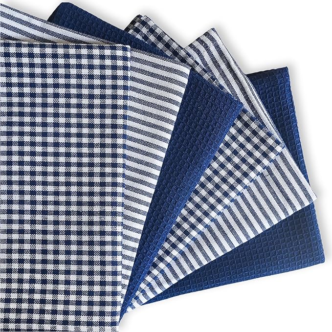 Cotton Dish Towels For Kitchen Drying - Highly Absorbent Navy Blue Striped Gingham Plaid Tea Towels - 18"X28" Set Of 6 Farmhouse Linen Dishtowels In Bulk - Pano De Prato Para Cozinha - T Towles Towls