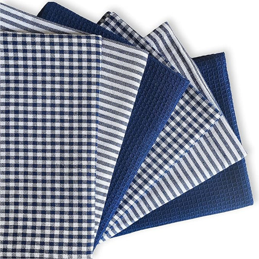 Cotton Dish Towels For Kitchen Drying - Highly Absorbent Navy Blue Striped Gingham Plaid Tea Towels - 18"X28" Set Of 6 Farmhouse Linen Dishtowels In Bulk - Pano De Prato Para Cozinha - T Towles Towls