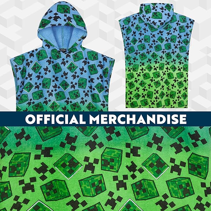 Minecraft Towelling Poncho Kids Teens Hooded Bath Towels Absorbent Beach Towel (Multi, 10-13 Years)