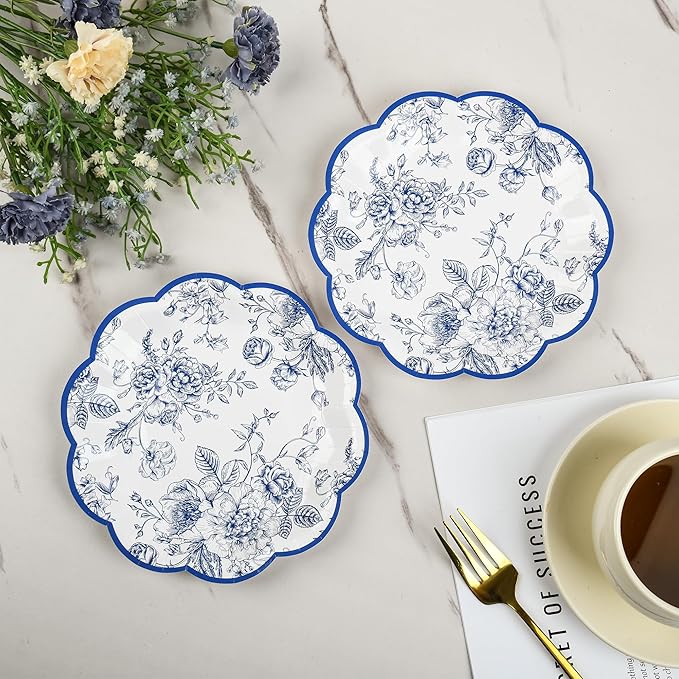 48 Pcs Blue Floral Party Plates Vintage Floral Leaf Disposable Paper Plates Wildflower Blue Toile 7" Scalloped Rim Dessert Plates for Birthday Bridal Garden Tea Party Supplies