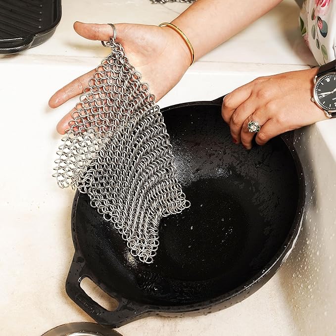 Chainmail Scrubber Cleaner 7.8" x 7.8" Premium 316L Stainless Steel Scrubber for Cast iron Pots,Pan, BBQ Grill, Wok and All Kitchenware Items - Stainless Steel